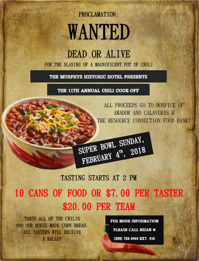 Murphys Hotel Presents Their 11th Annual Chili Cook-Off February 4th.