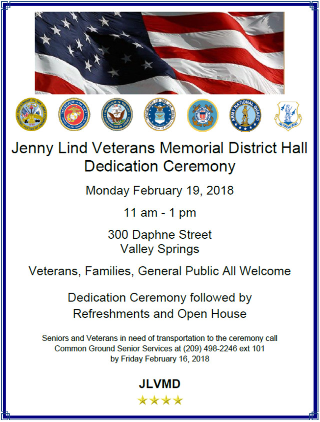 Jenny Lind Veterans Memorial District Hall Dedication is February 19th