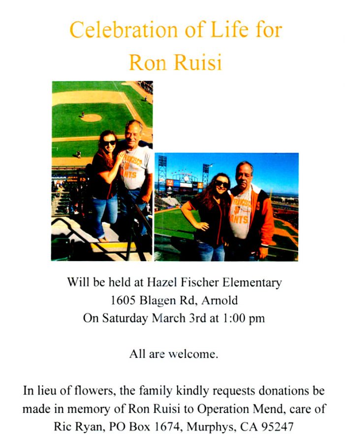 Celebration of Life for Ron Ruisi Will Be March 3rd at Hazel Fischer