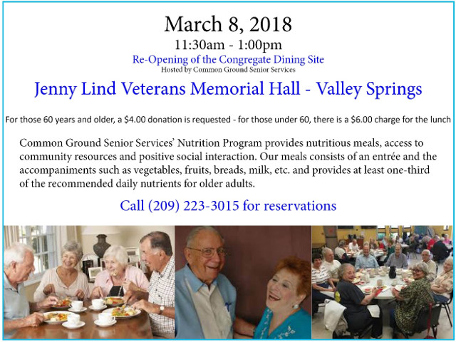 Dining Program Returning to Jenny Lind Veterans Memorial Hall on March 8th