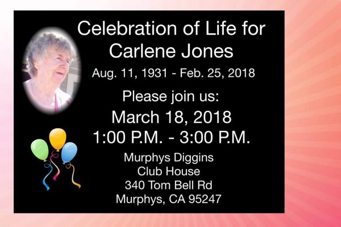 Celebration of Life for Carlene Jones Aug. 11, 1931 – Feb. 25, 2018