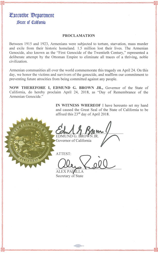 Governor Brown Issues Proclamation Declaring Day of Remembrance of the Armenian Genocide