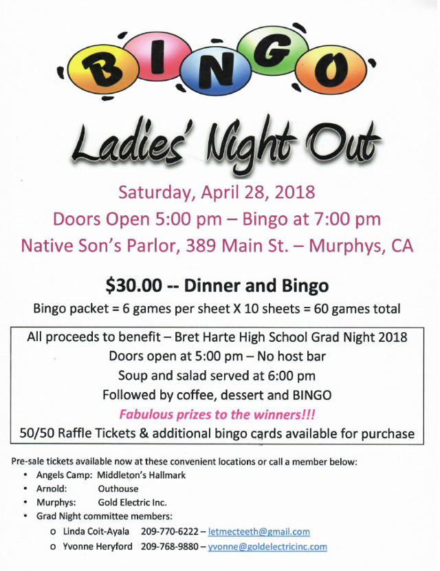 Ladies Night Out Bingo Fundraiser to Benefit Bret Harte Grad Night!!!