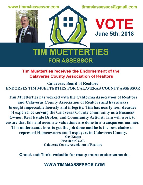 Tim Muetterties Receives the Endorsement of the Calaveras County Association of Realtors