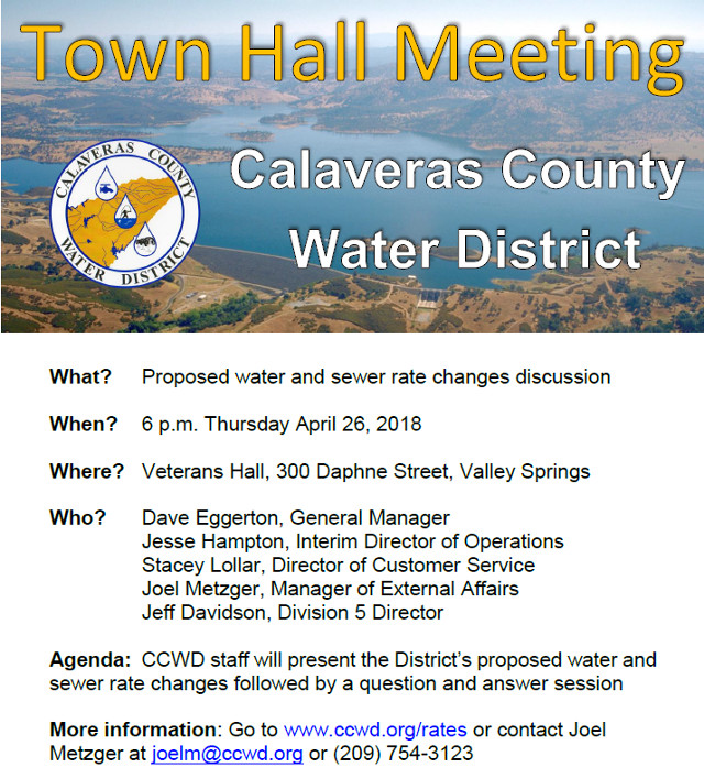 CCWD Town Hall Meeting on Water & Sewer Rates April 26 in Valley Springs
