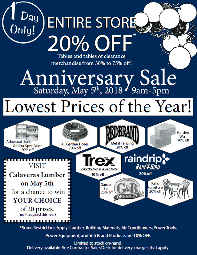 The Big Annual Calaveras Lumber Anniversary Sale is May 5th