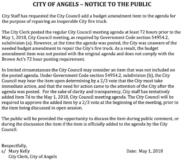 Public Notice on Item on Angels Camp City Council Agenda