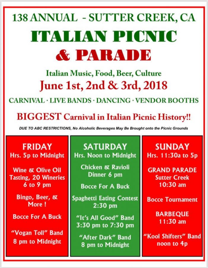 The 138th Annual Italian Picnic & Parade This Weekend in Sutter Creek