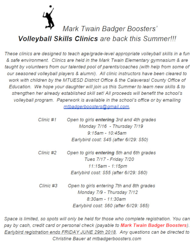 Mark Twain Badger Boosters’ Volleyball Skills Clinics are back this Summer!!!