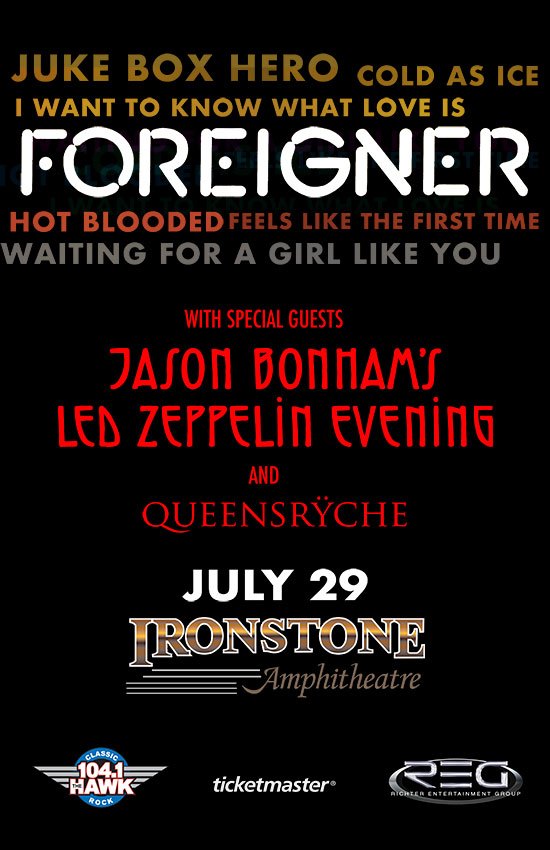 Foreigner with Special Guests Jason Bonham & Queensryche at Ironstone
