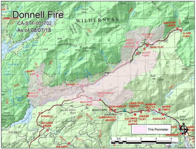 Donnell Fire Update….13,814 Acres, 5% Contained, Hwy 108 Still Closed