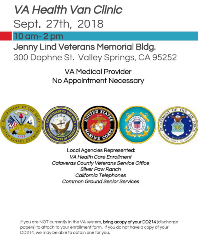 VA Health Van Clinic Sept. 27th Jenny Lind Veterans Memorial Bldg.