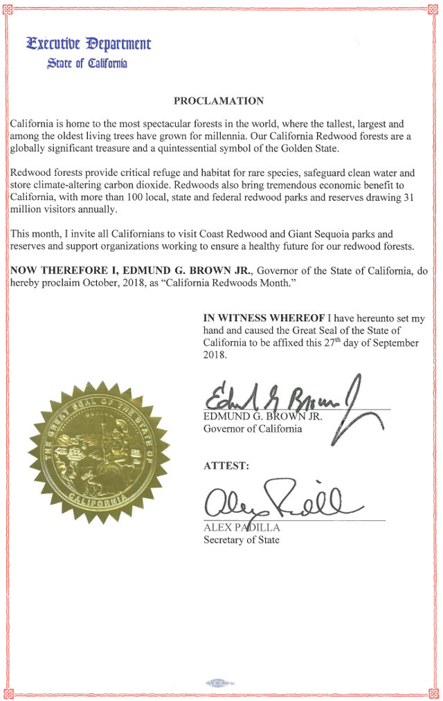 Governor Brown Issues Proclamation Declaring California Redwoods Month