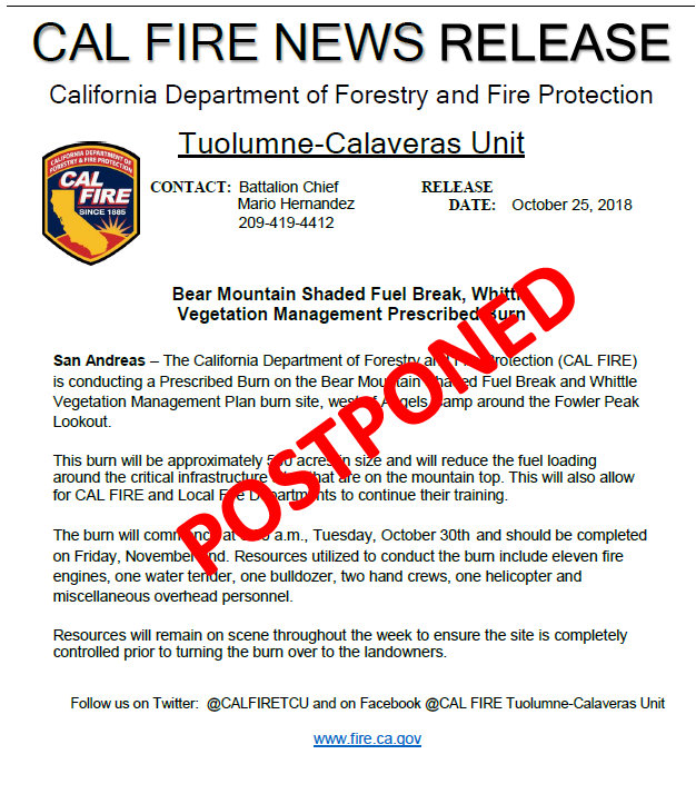 Bear Mountain Prescribed Burn Postponed