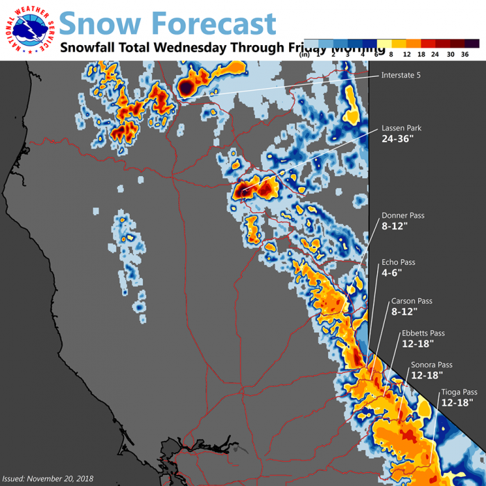 Winter Storm Watch Wednesday Afternoon Through Thanksgiving….12 -18 Inches of Snow Over Ebbetts & Sonora Passes