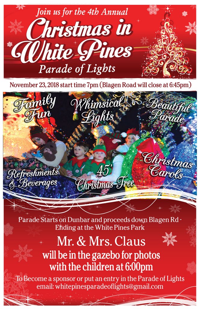 (Update…All Entries Have Confirmed, Gazebos Up For Santa, Rain or Shite) The 4th Annual Christmas in White Pines Parade of Lights