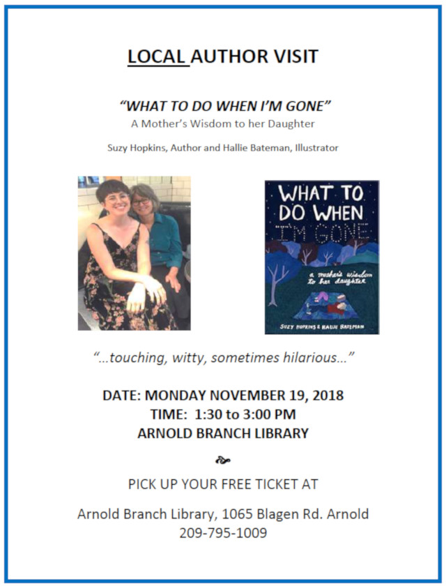 “What To Do When I’m Gone” Author Visit November 19th