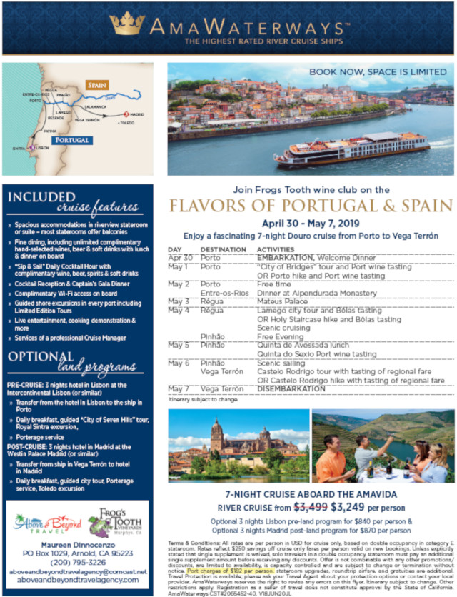 One Cabin Left on the April 30-May 7, 2019 Frogs Tooth Vineyards Douro River Cruise