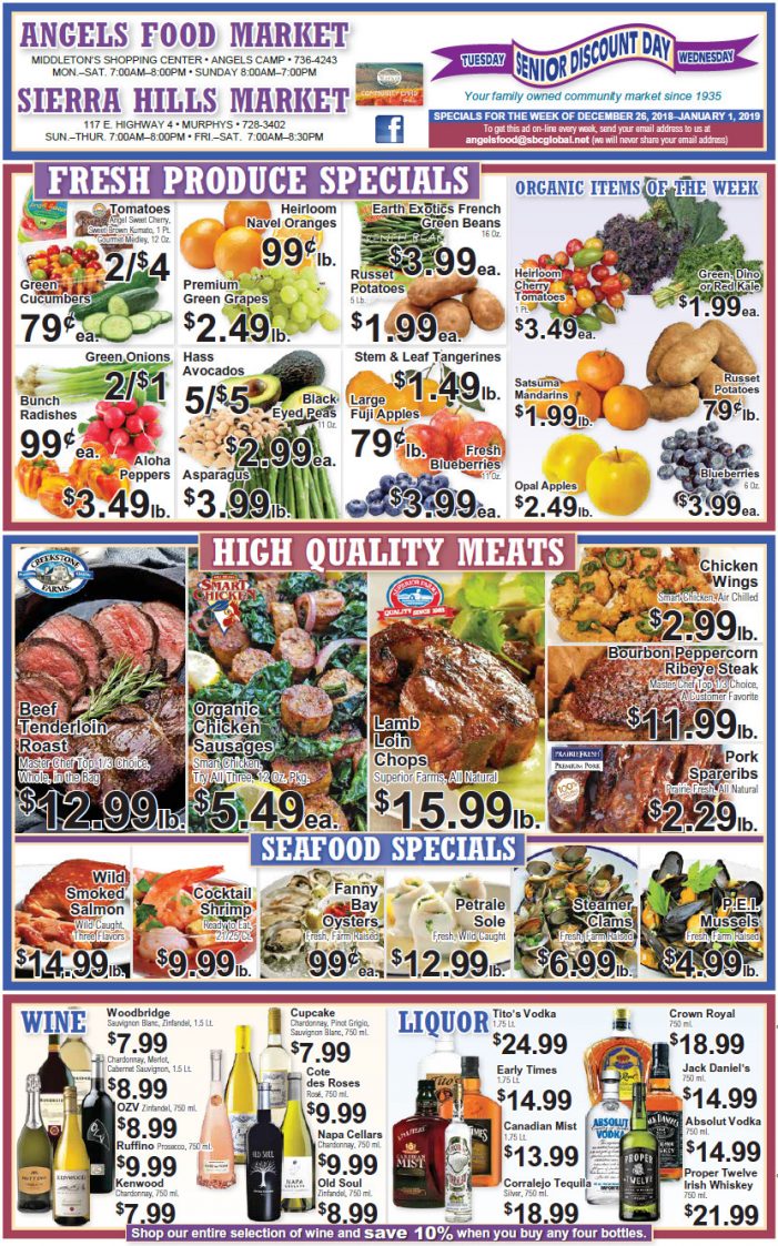 Angels Food and Sierra Hills Markets Weekly Ad & Grocery Specials Through January 1st, 2019