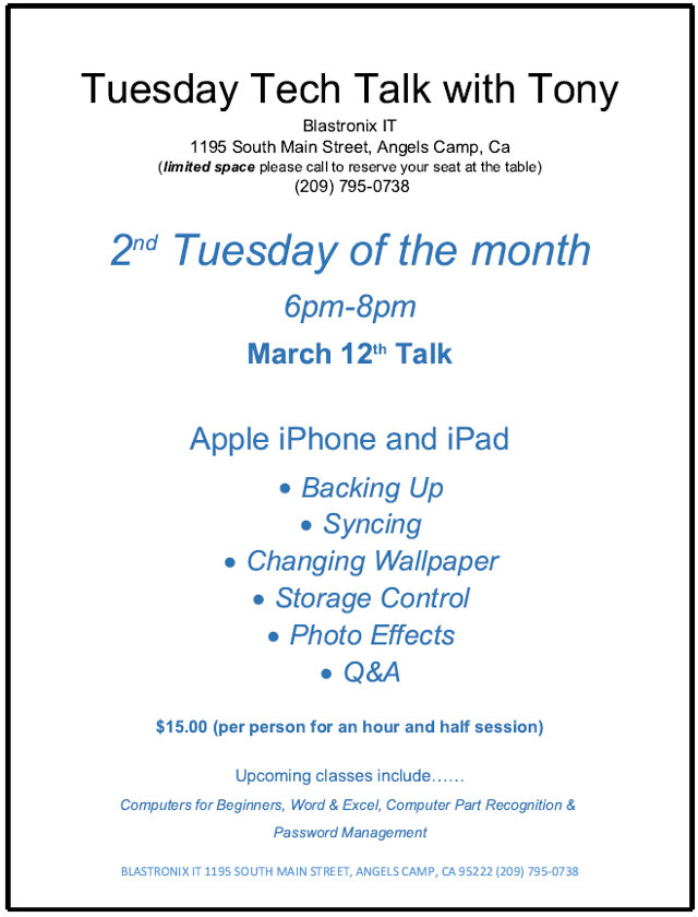 Make Plans to Attend Tuesday Tech Talk With Tony at Blastronix IT