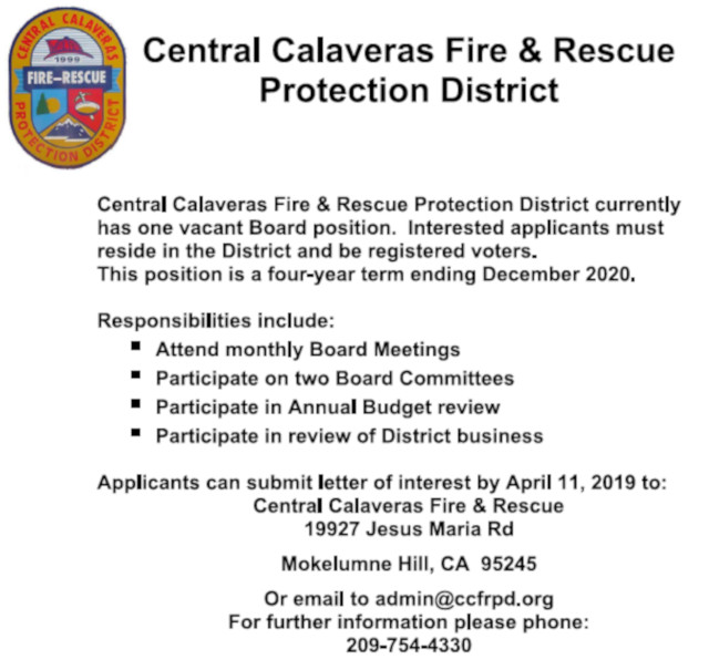 Central Calaveras Fire & Rescue Protection District Needs You!