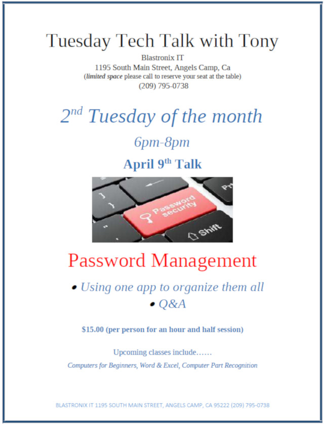 Password Management is this Month’s Tuesday Tech Talk With Tony Topic