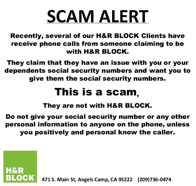 Scam Alert…Caller Impersonating H&R Block Asking About Social Security Numbers