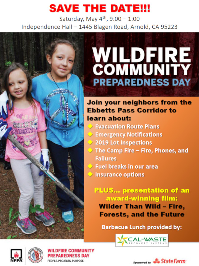 The 2019 Ebbetts Pass Corridor Wildfire Community Preparedness Meeting is May 4th