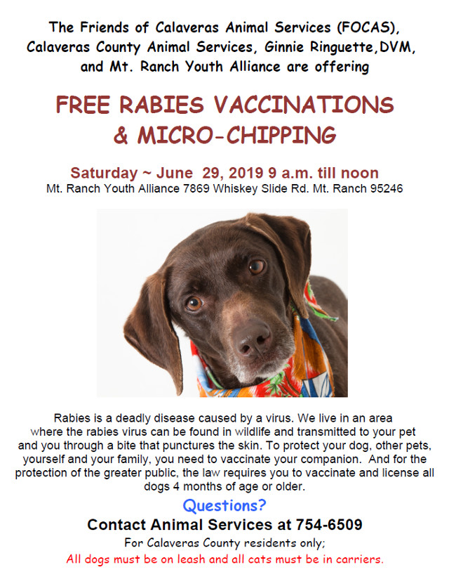 Free Rabies Vaccinations & Micro Chipping in Mountain Ranch on June 29th
