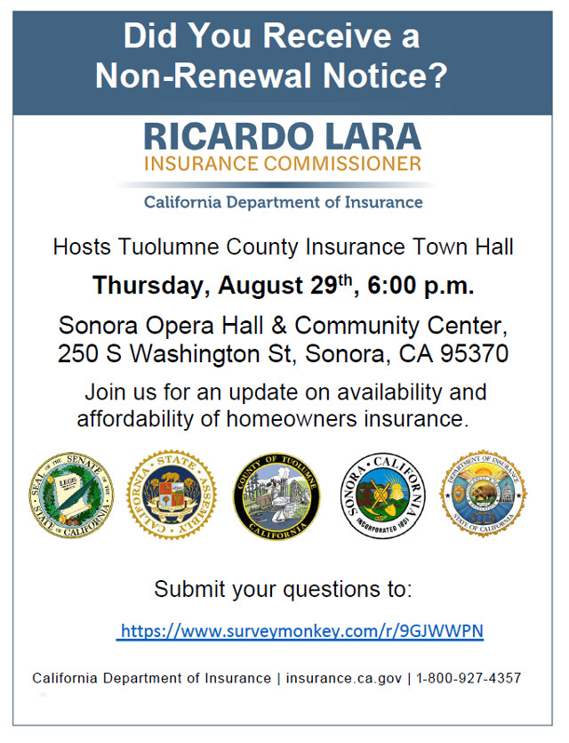 Tuolumne County Insurance Town Hall Thursday, August 29!  One For Calaveras Coming in Sept!