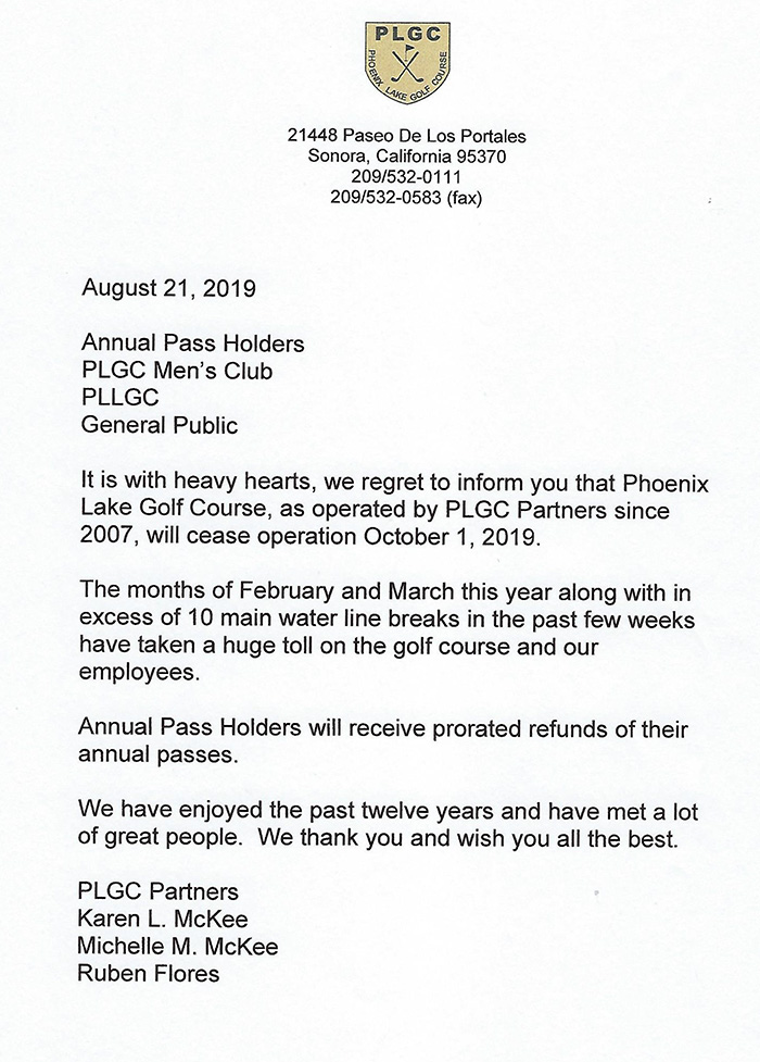 Phoenix Lake Golf Course to Close October 1st