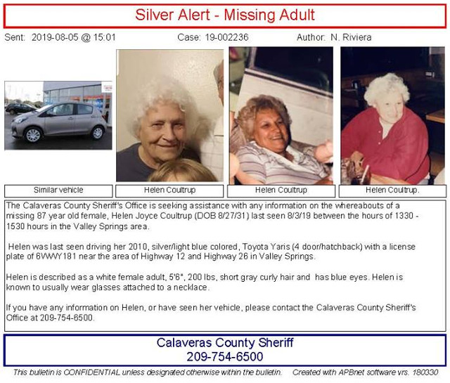 Missing San Andreas Woman Helen Coultrup’s Vehicle Located in Wilseyville Area