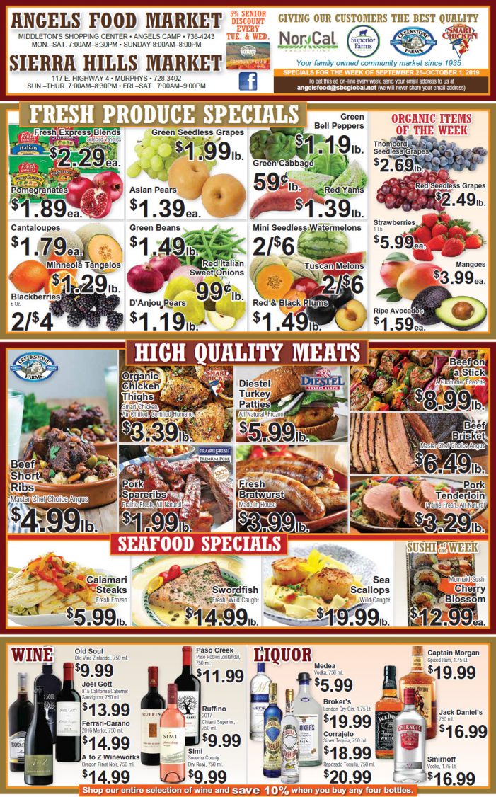 Angels Food and Sierra Hills Markets  Weekly Ad & Grocery Specials Through October 1st