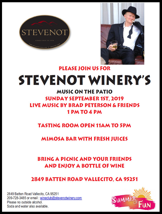 Stevenot Music on the Patio is Every Sunday All Summer Long!  Today Enjoy The Sounds of Brad Peterson & Friends