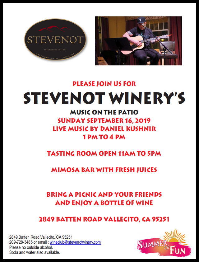 Stevenot Music on the Patio is Every Sunday All Summer Long!  Today Enjoy The Sounds of Daniel Kushnir