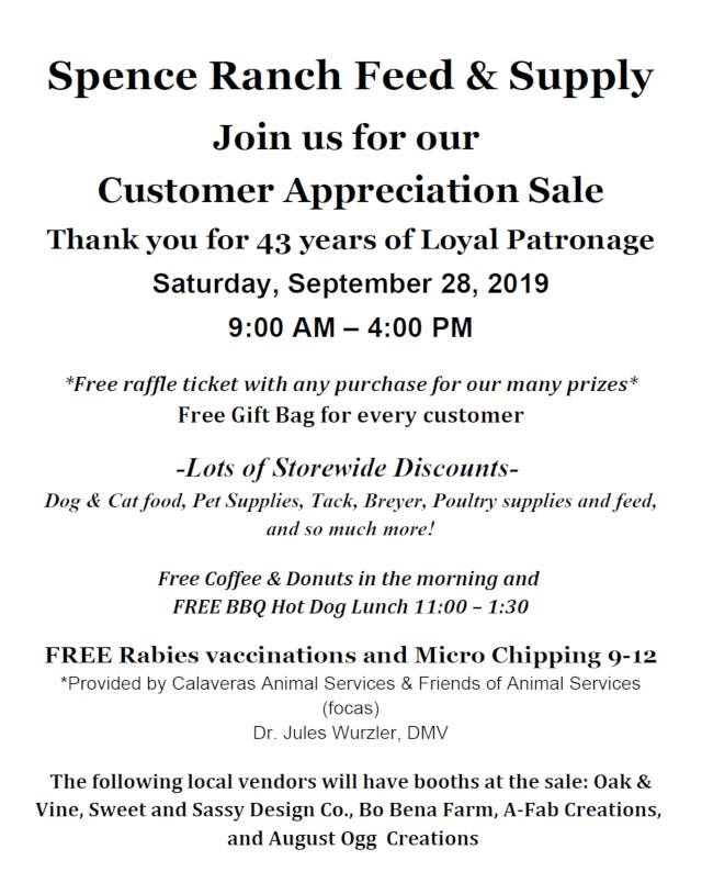 Spence Ranch Feed & Supply Customer Appreciation Sale September 28th!  Free Rabies Vaccinations, Micro Chipping & More!!