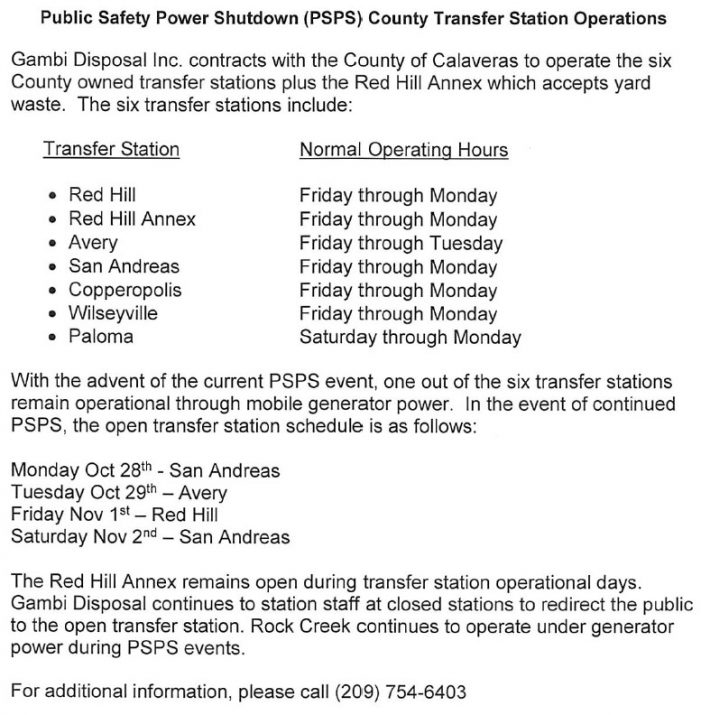 Public Safety Power Shutdown (PSPS) County Transfer Station Operations Reduced Hours