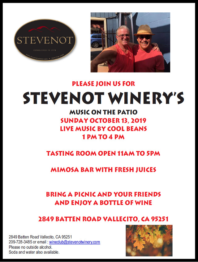 Stevenot Music on the Patio is Every Sunday With “Cool Beans” Entertaining You Today