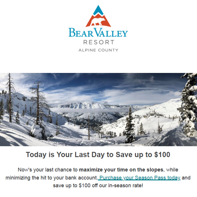 Today is Your Last Day to Save up to $100 on Your Bear Valley Season Pass!