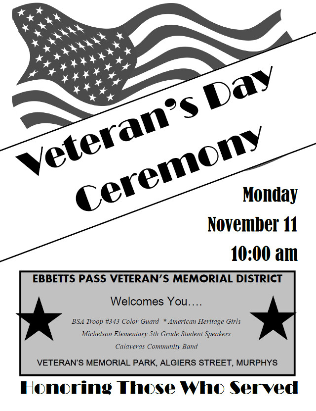 Make Plans to Attend the Ebbetts Pass Veterans Memorial District Veteran’s Day Ceremony
