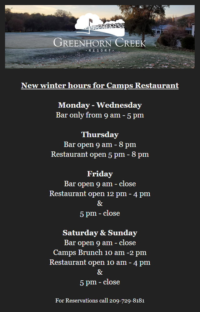 New Winter Hours for Camps Restaurant at Greenhorn Creek