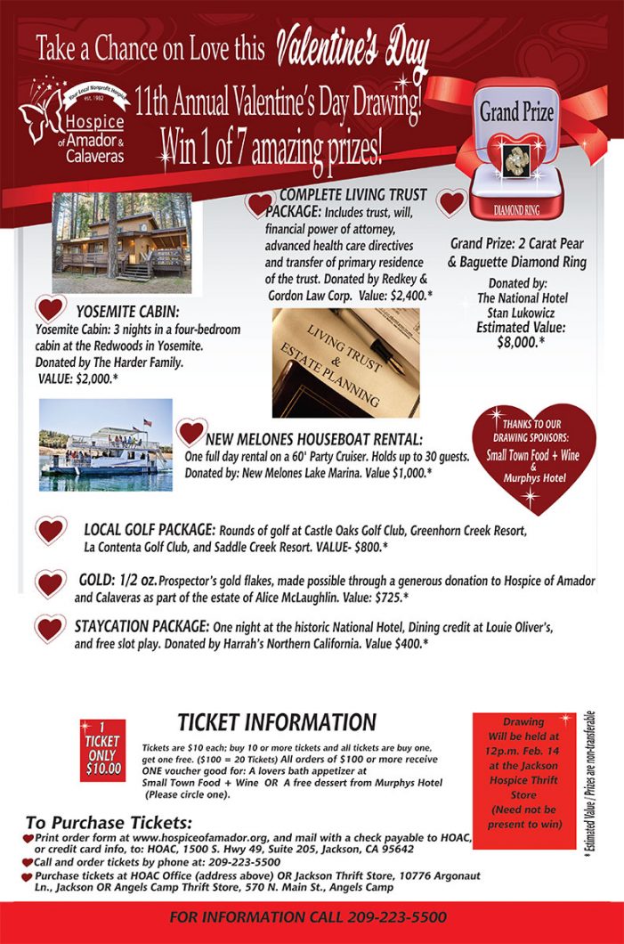 Support the Hospice of Amador & Calaveras in Their Take a Chance on Love Valentine’s Drawing
