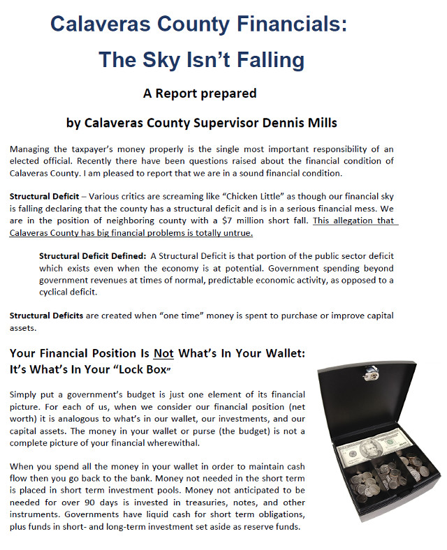 New Report From Supervisor Mills Says “Calaveras County Has $200 Million on Hand: Doesn’t Need Money from Pot Industry”