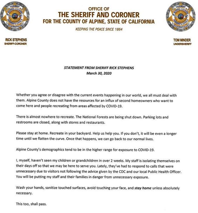 Alpine County Sheriff Implores Everyone to Stay Home