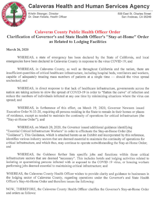 Calaveras County Public Health Officer Clarifying “Stay-at-Home” Order Banning Recreational Stays at Lodging Facilities