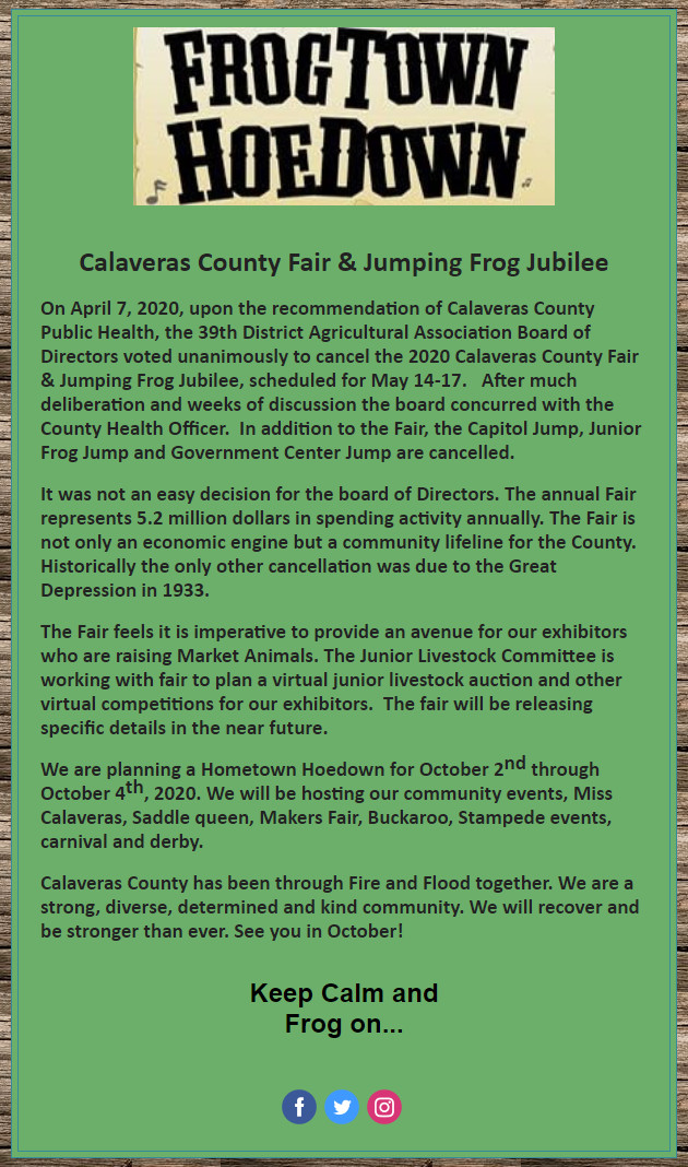 Fair Board Cancels 2020 Calaveras County Fair & Jumping Frog Jubilee!  Some Events Rescheduled to Fall!
