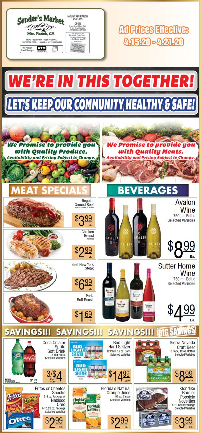 Sender’s Market’s Weekly Ad & Grocery Specials Through April 21st