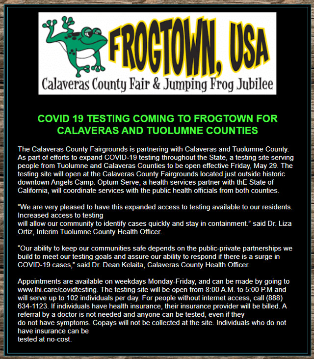 COVID-19 Testing Coming to Frogtown for Calaveras & Tuolumne Counties
