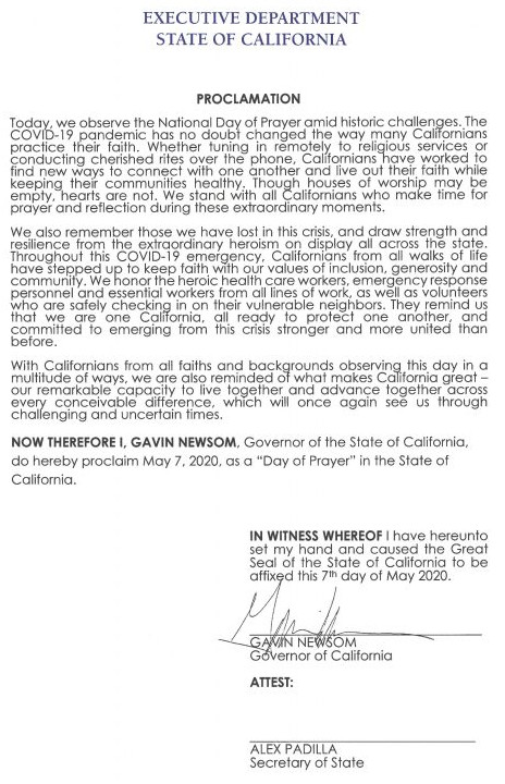 Governor Newsom Issues Proclamation Declaring Day of Prayer 5.7.20