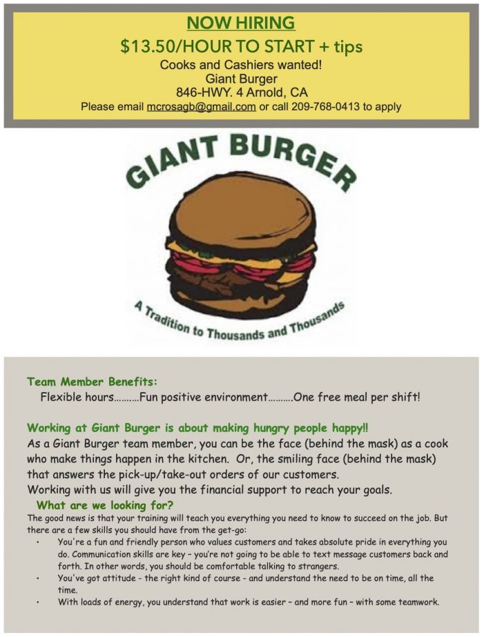 Giant Burger is Now Hiring!!  Wages Start at $13.50 Per Hour Plus Tips
